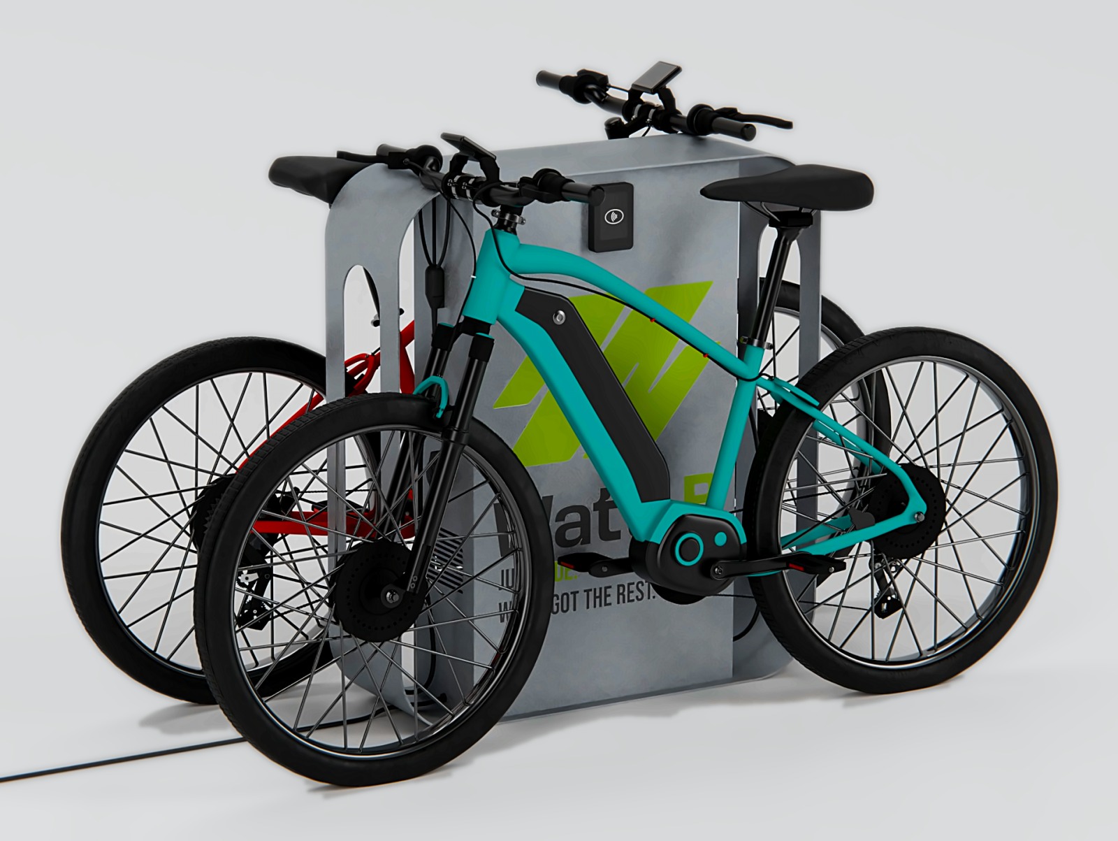 Render della colonnina di ricarica Watt-B con due e-bike collegate
